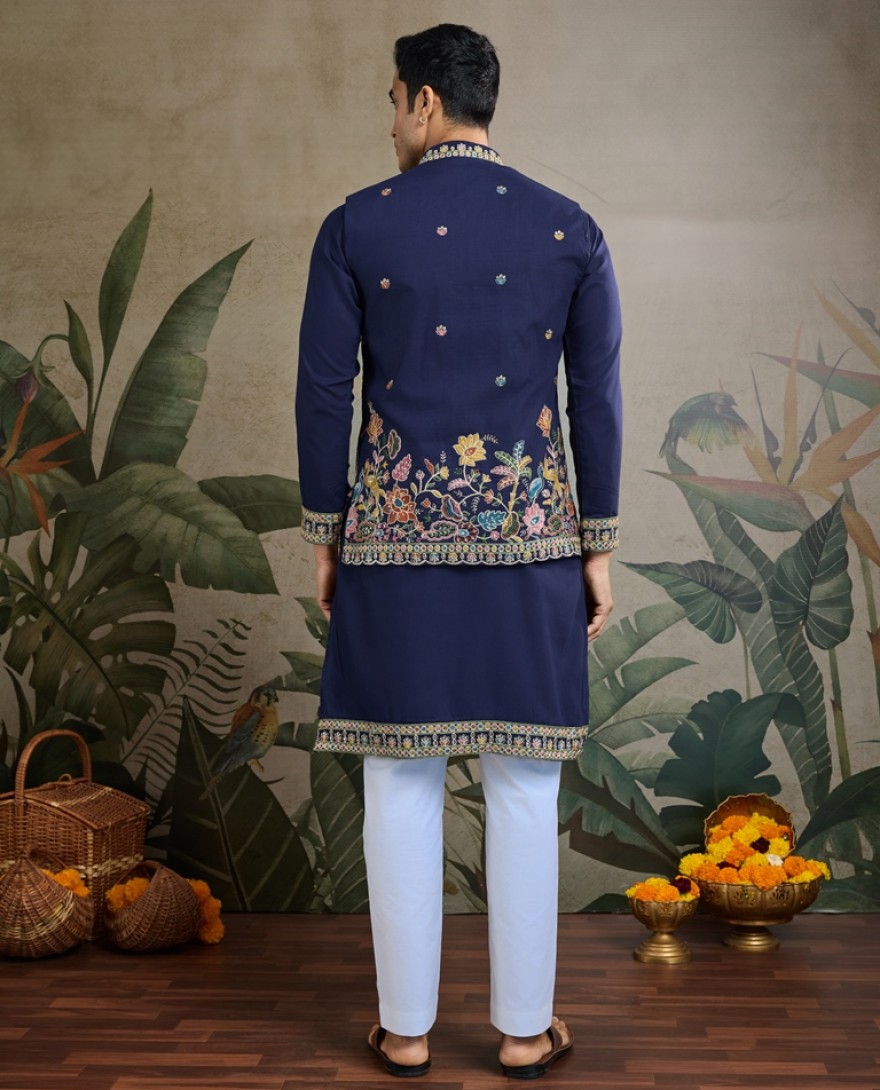 61234-navyblue - Stylish Navy Men's Kurta Koti Set – Elegant & Trendy